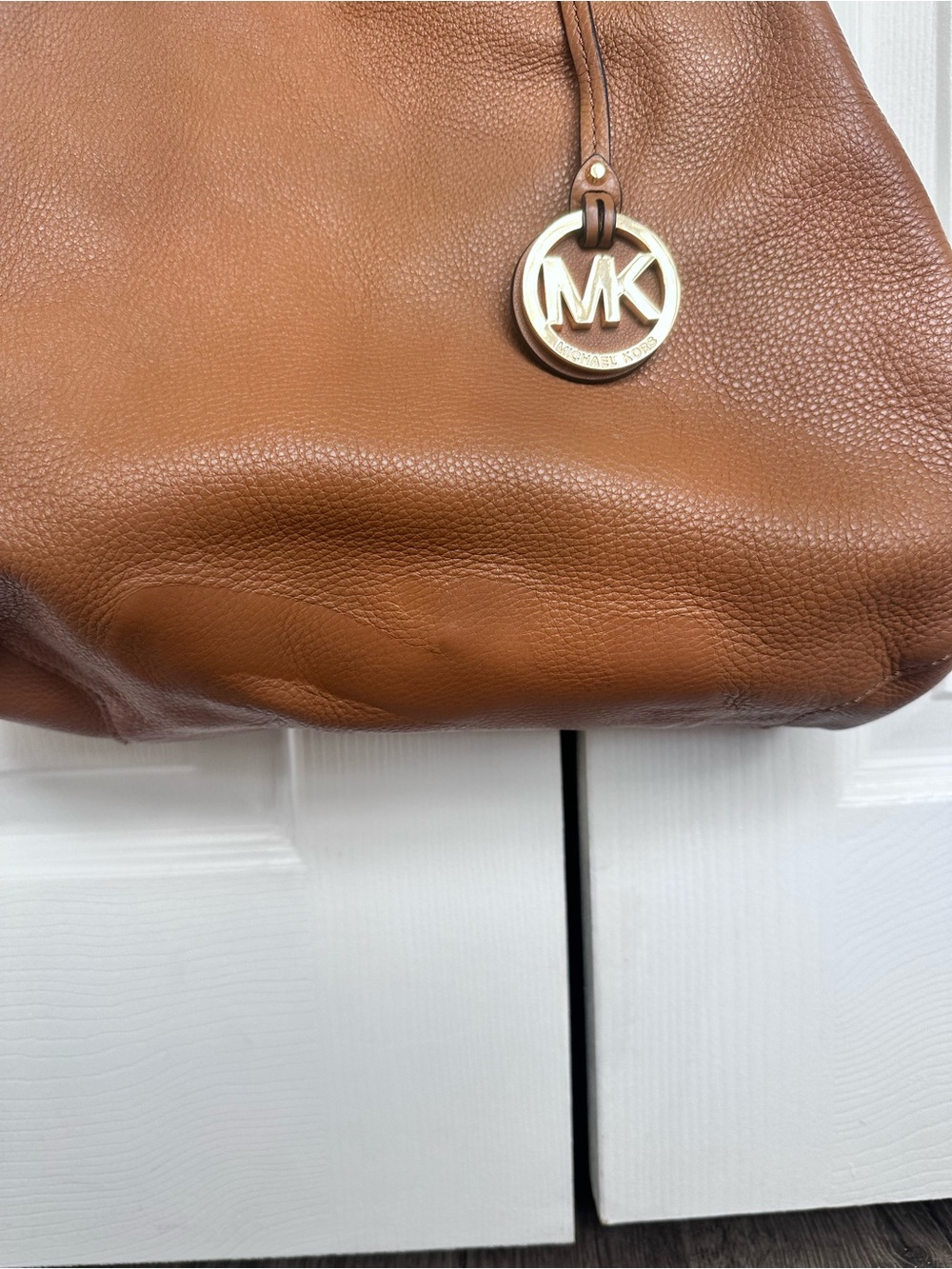 Michael Kors Cognac Pebbled Leather Shoulder Bag with MK Charm - Picture 3 of 6